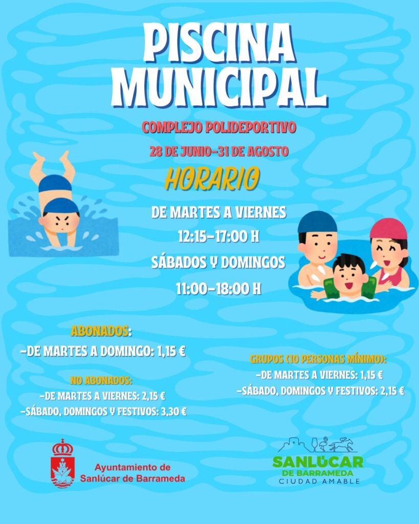 Precios y horarios de la piscina municipal de Sanlúcar, que abrirá del 28 de junio al 31 de agosto en el Polideportivo