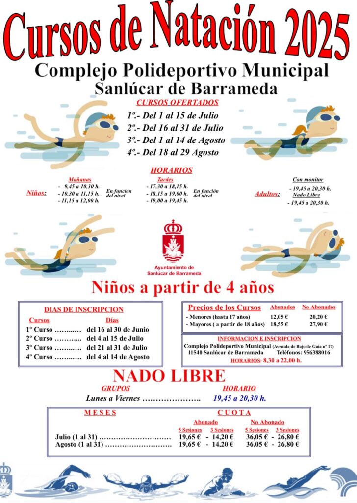 Abierto el plazo para los cursos municipales de natación en Sanlúcar durante julio y agosto