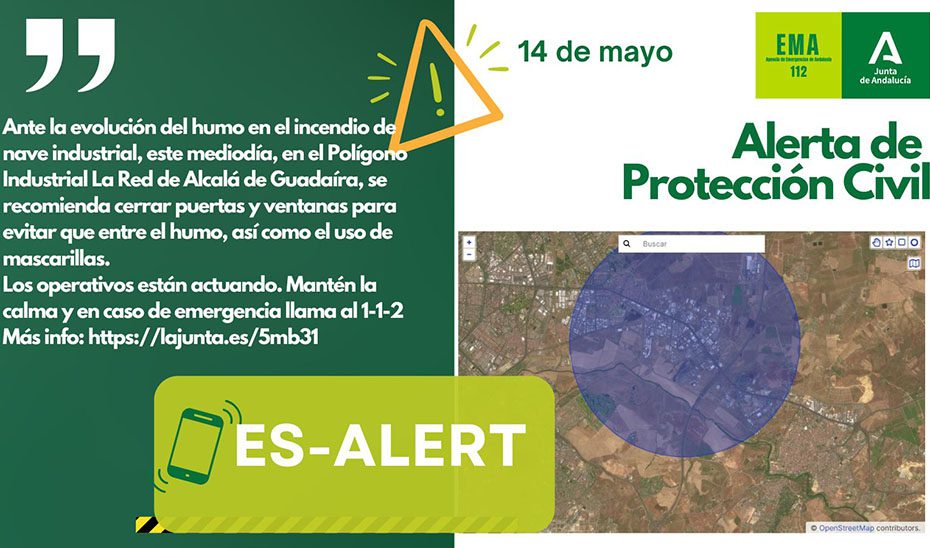 La Junta envía un mensaje ‘Es-Alert’ a vecinos de Alcalá y Sevilla con consejos para evitar riesgos ante el incendio industrial