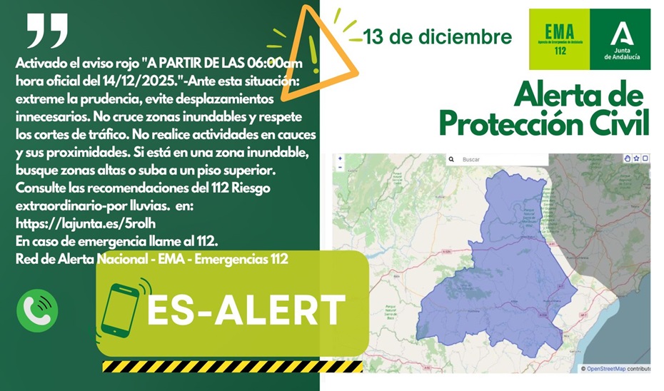 La EMA manda un mensaje Es-Alert a los municipios con aviso rojo por lluvias del Valle del Almanzora y Los Vélez