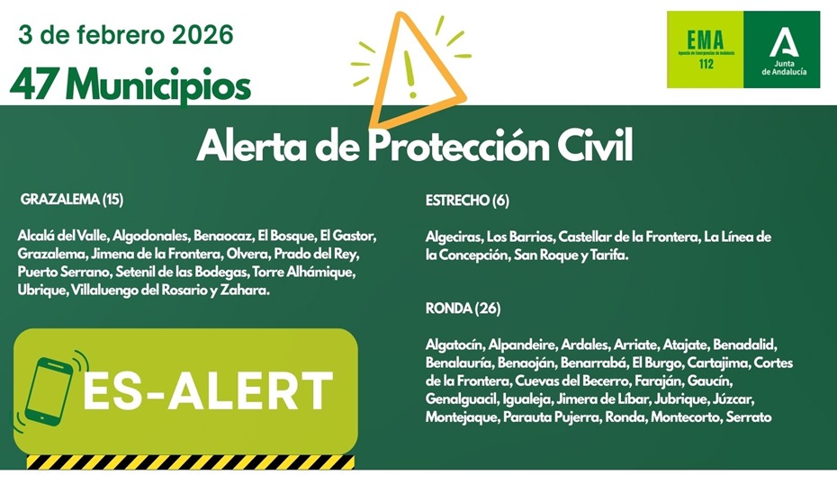 La Junta remite mensaje Es-Alert a 47 municipios de las comarcas de Grazalema, Estrecho y Ronda
