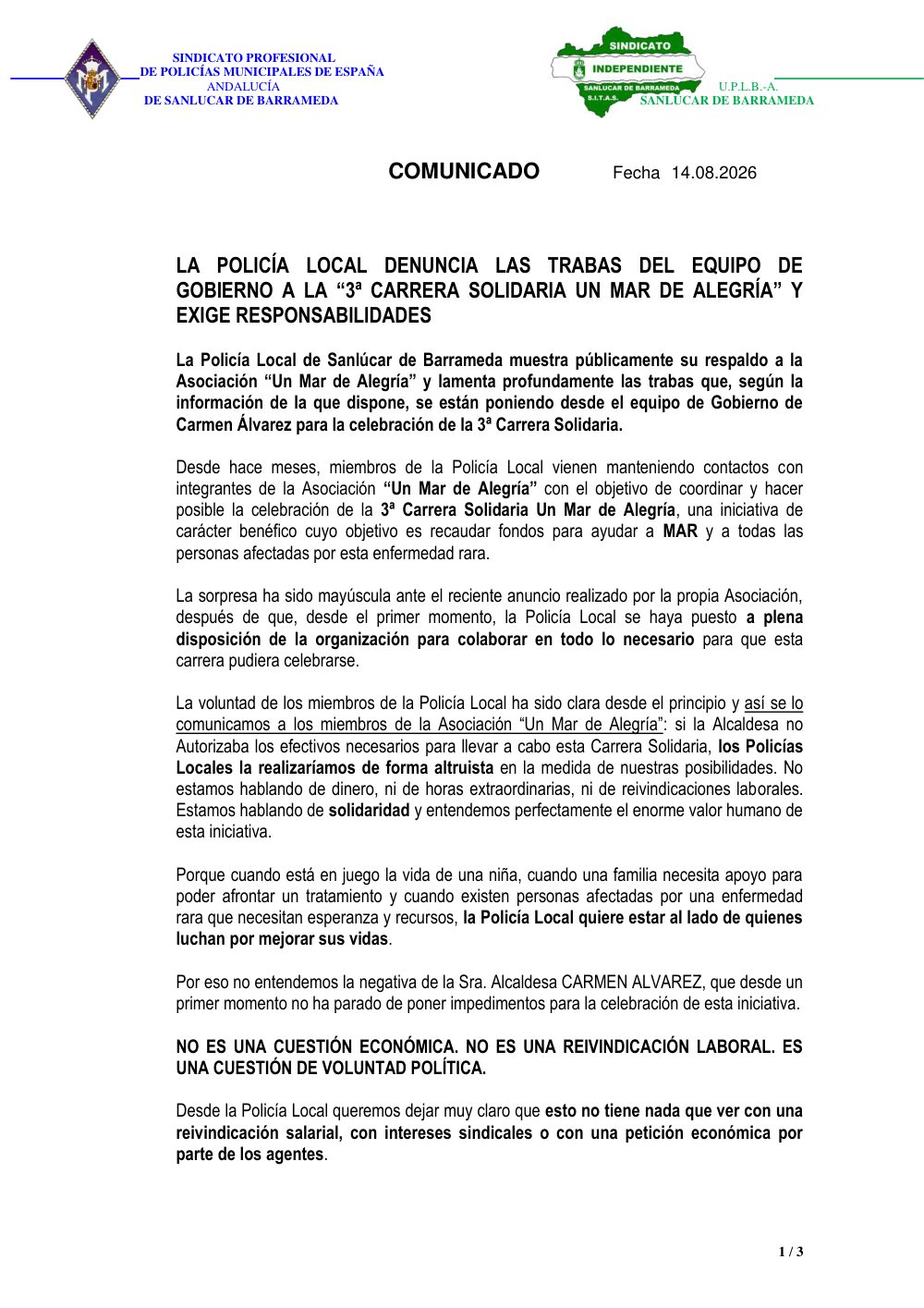 Página 1 del comunicado de la Policía Local de Sanlúcar, 14 de agosto de 2026